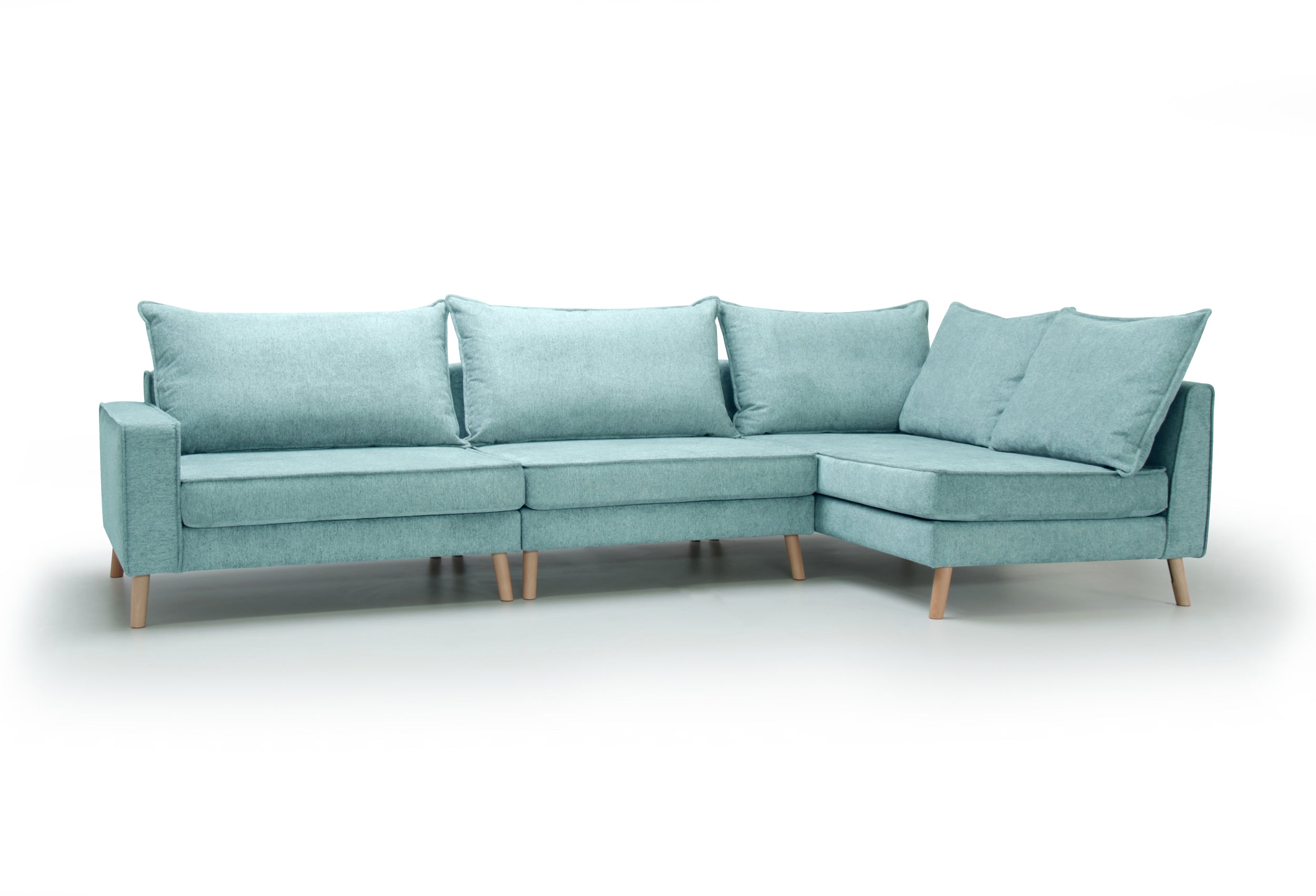 Turquoise, right side corner sofa Lucas, on a white background - front view.