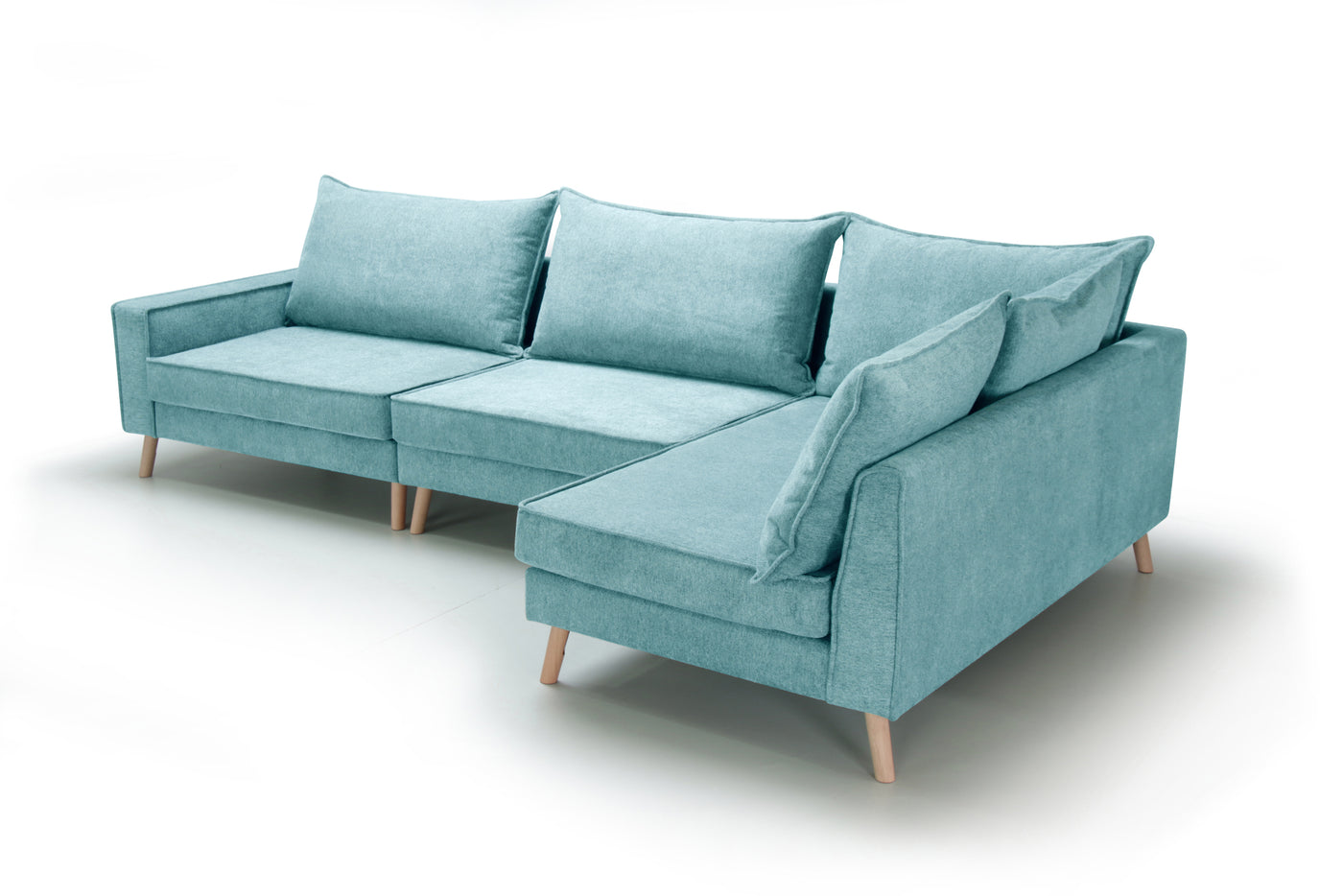 Turquoise, right side corner sofa Lucas, on a white background - side view.