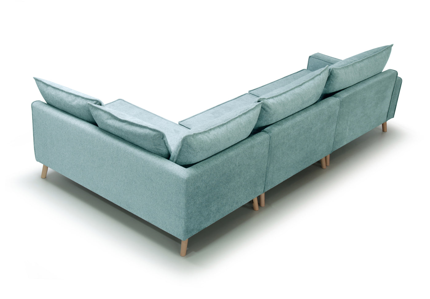 Turquoise, right side corner sofa Lucas, on a white background - top back view.