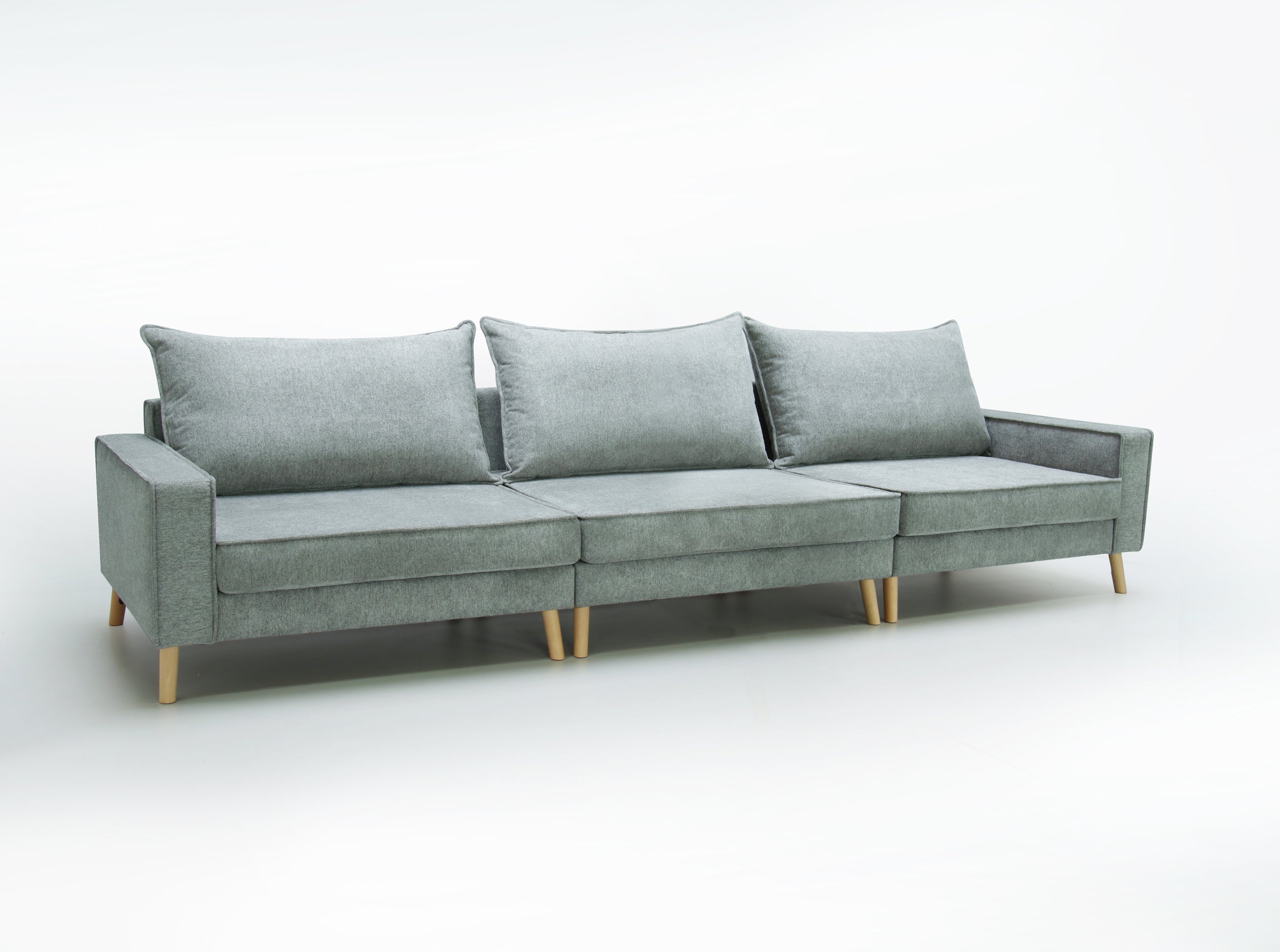 Grey, three sofa Lucas, on a white background - front view.