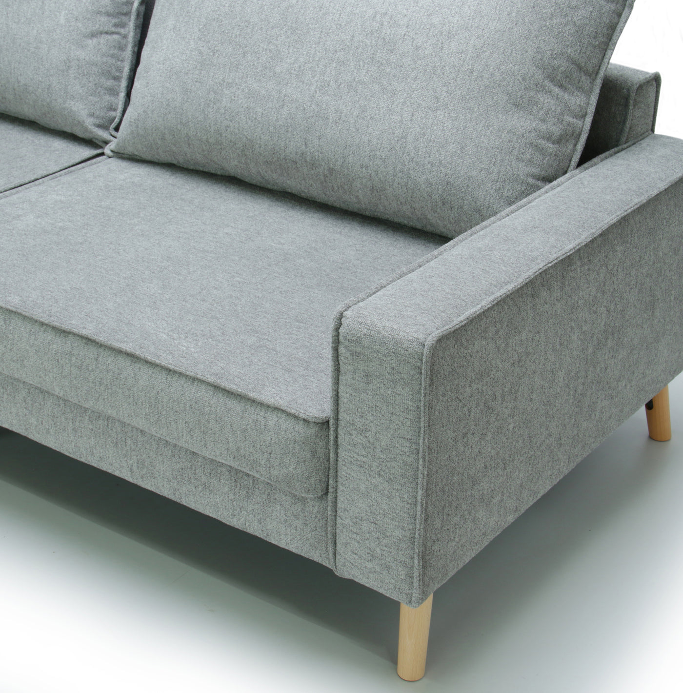 Grey, left side corner sofa Lucas, on a white background - armrest close view.