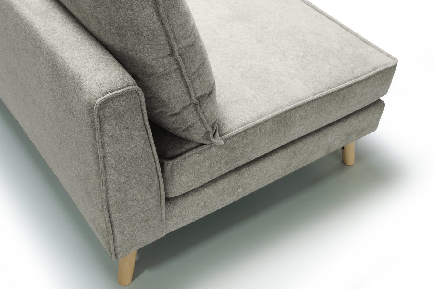 Beige, left side corner sofa Lucas, on a white background - close view.