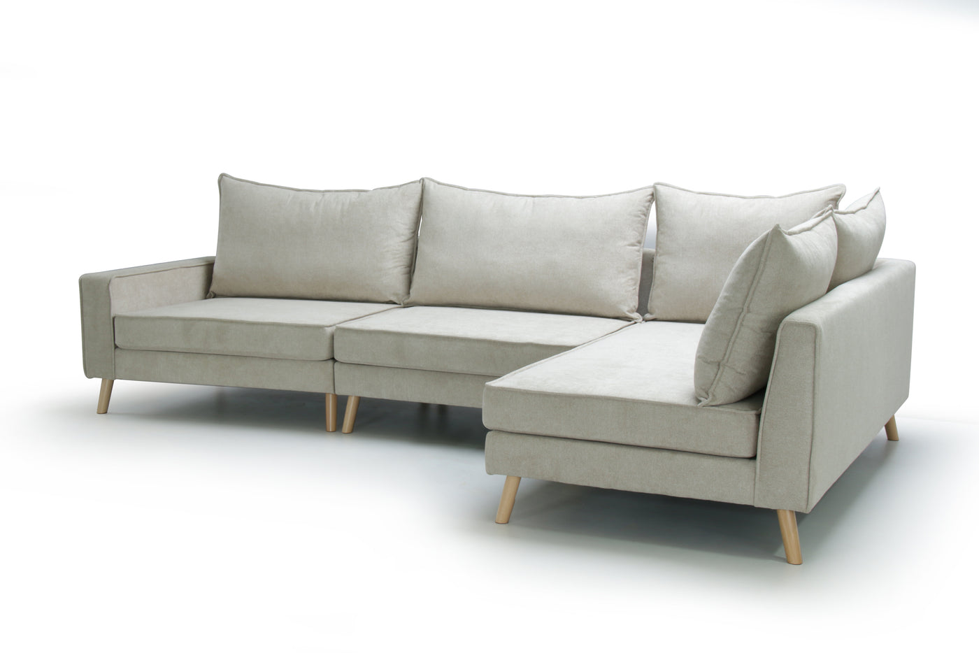 Beige, right side corner sofa Lucas, on a white background - side view.