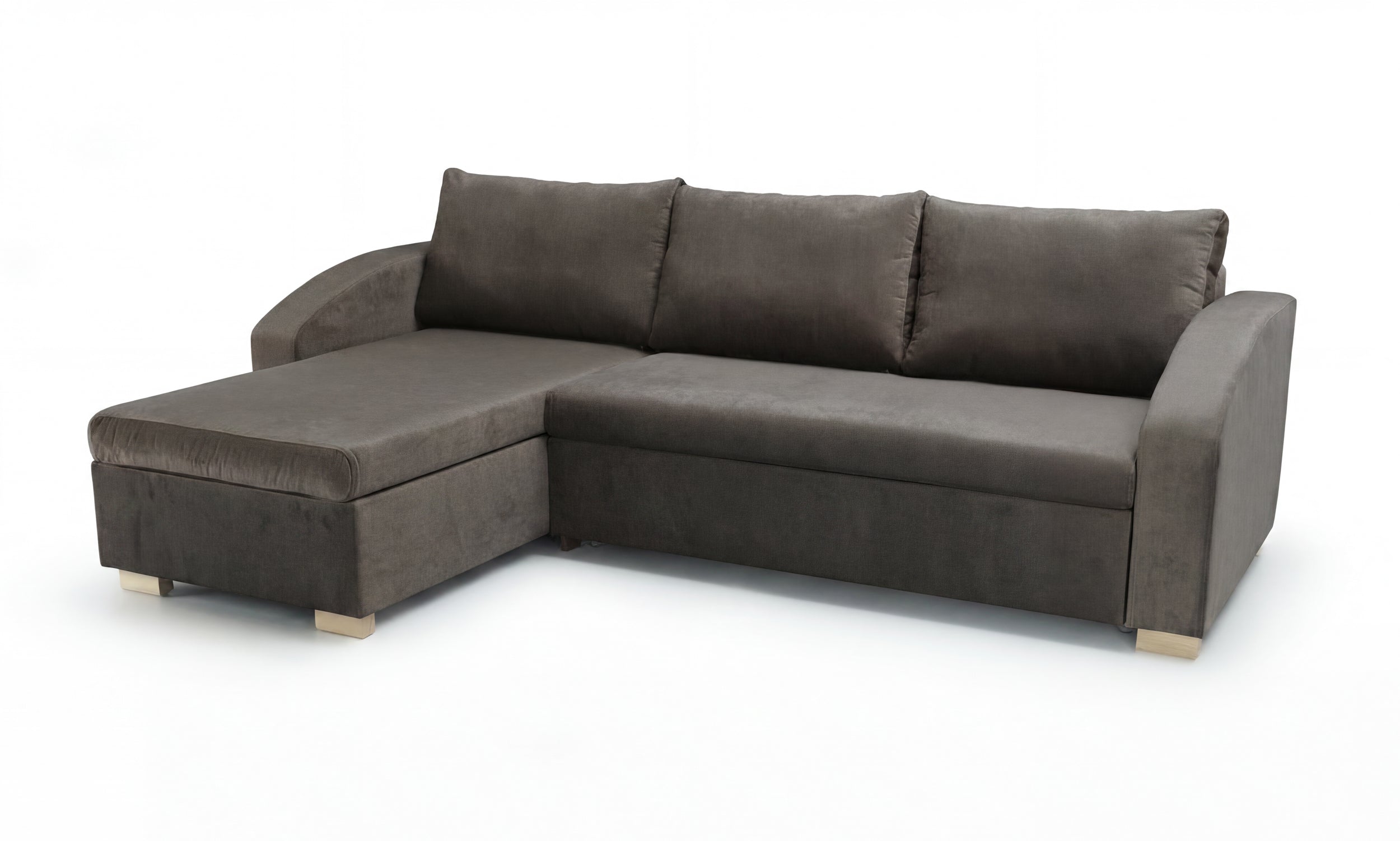 Max - left side corner sofa in dark brown upholstery on a white background