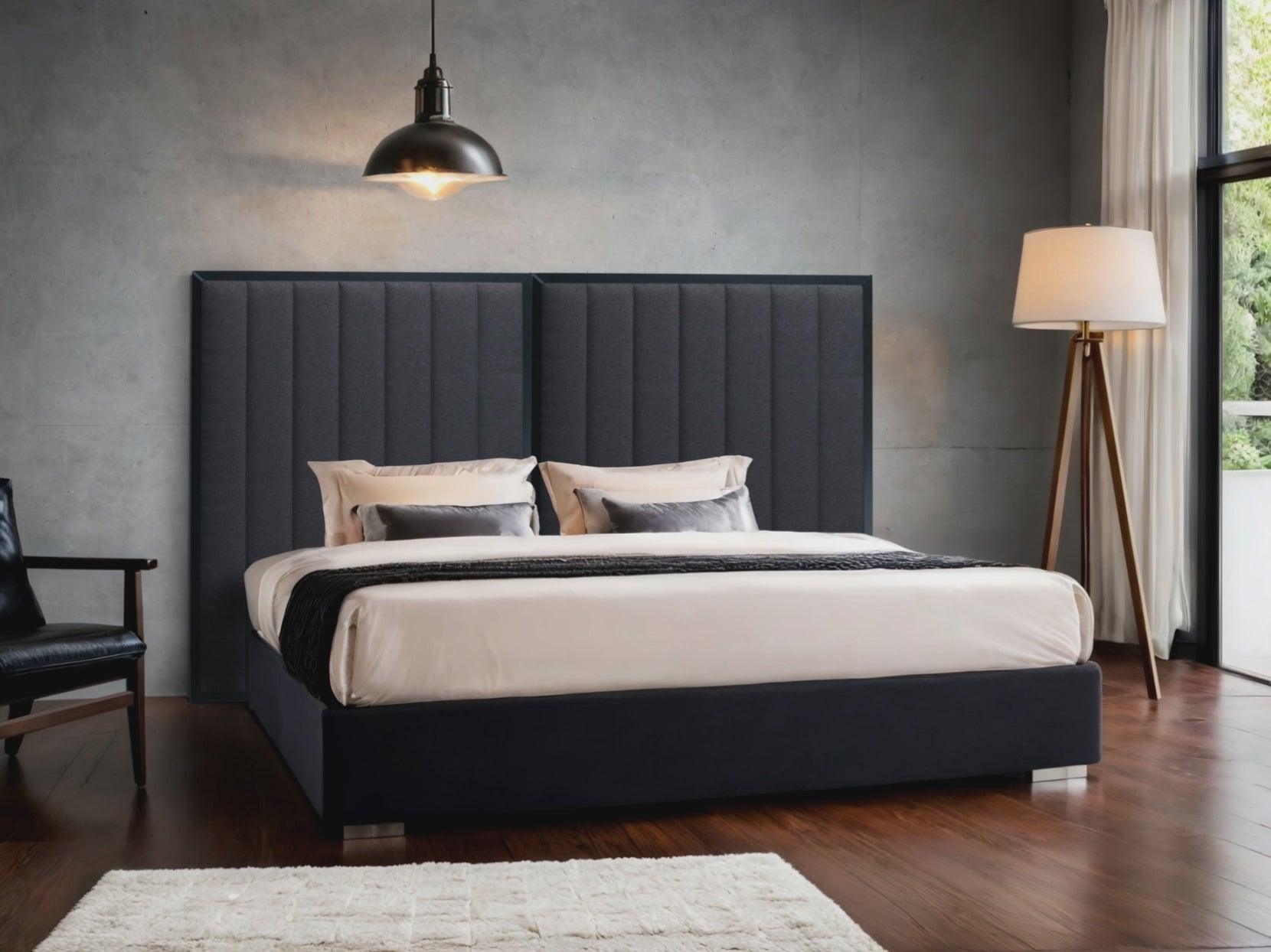 Video of dark grey  headboards  in modern bedroom with large windows